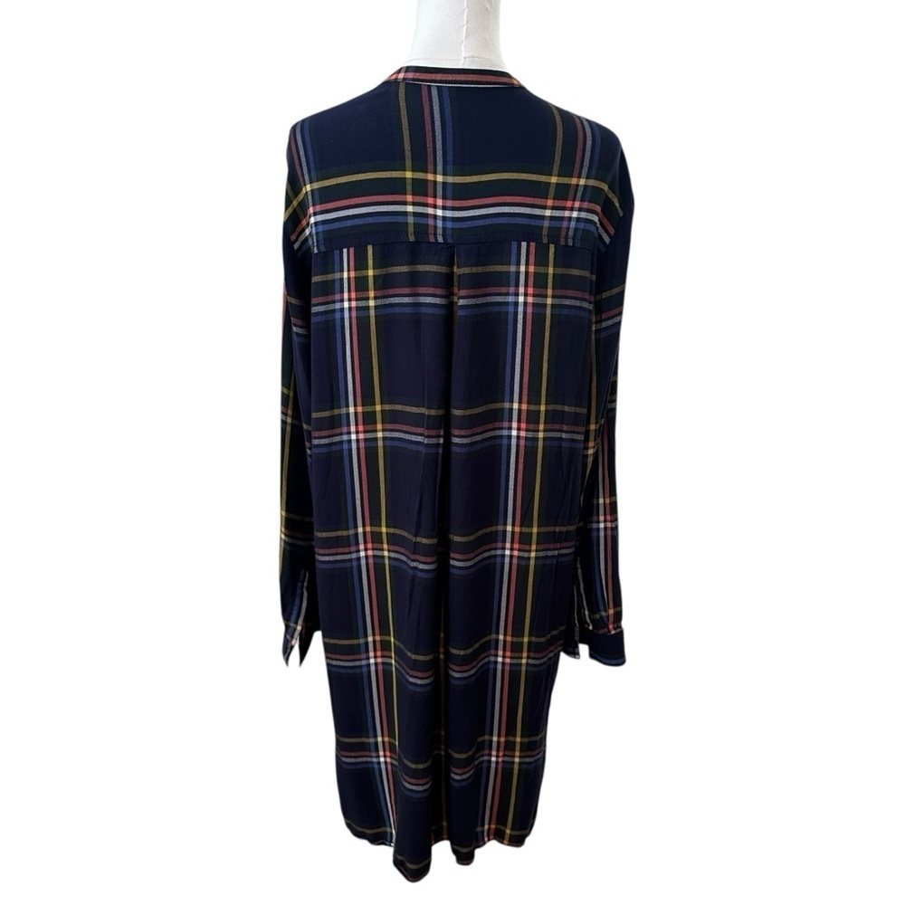 Women's XL Navy Blue Plaid Pleated Long Sleeve Preppy Midi Casual Soft Dress - Picture 2 of 6